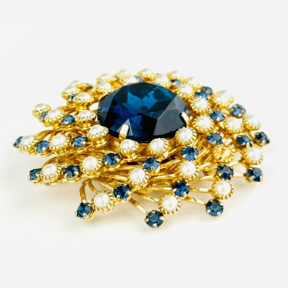 VTG Judy Lee Pinwheel Wreath Sapphire Blue Glass Rhinestone Gold Plated Brooch - Picture 13 of 16